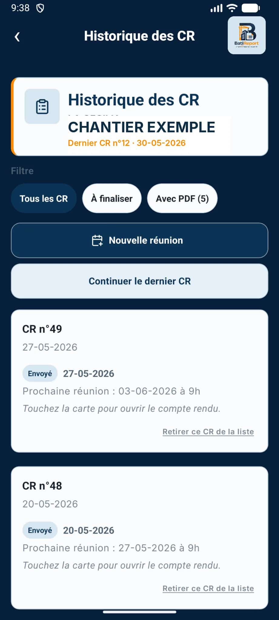 Historique des comptes rendus de chantier sur smartphone