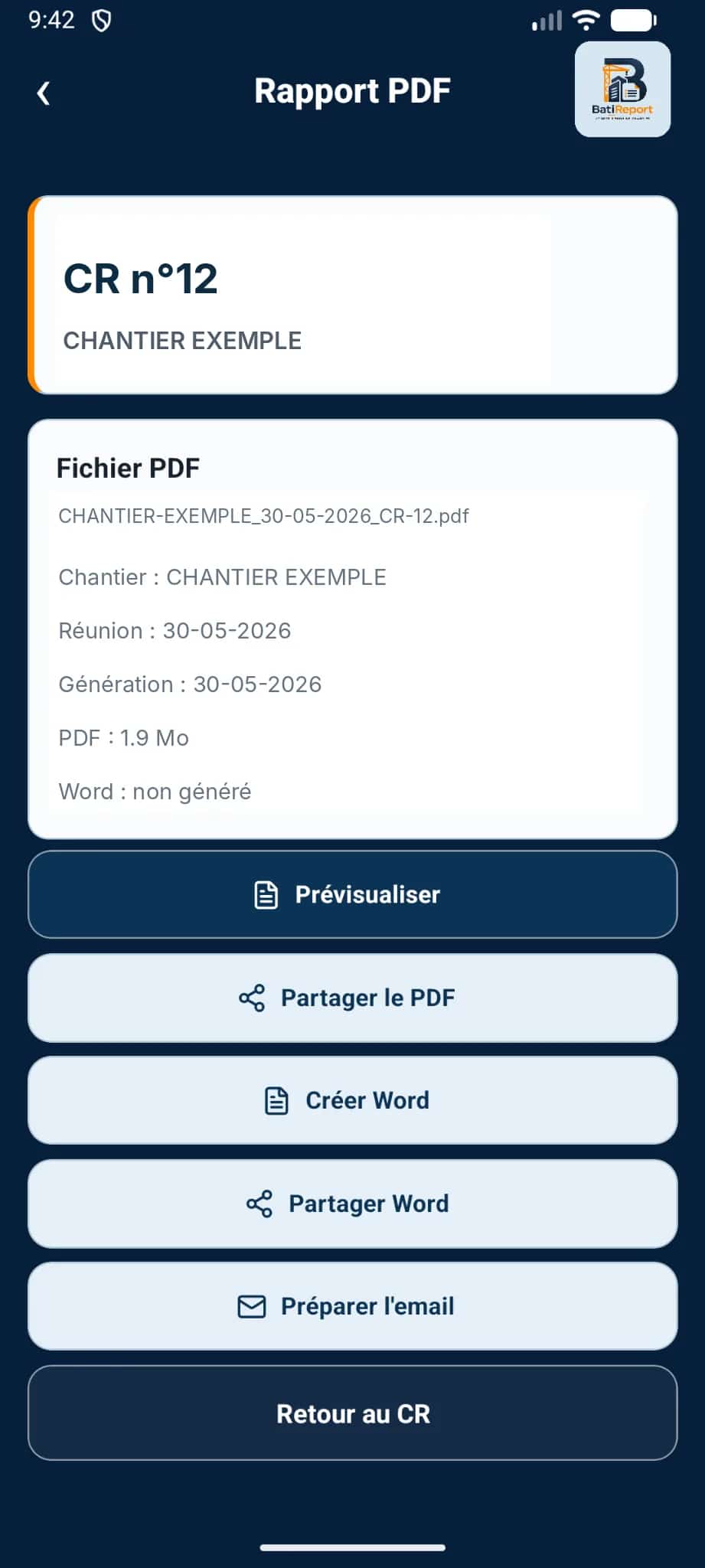 Compte rendu de chantier exporté en PDF sur smartphone
