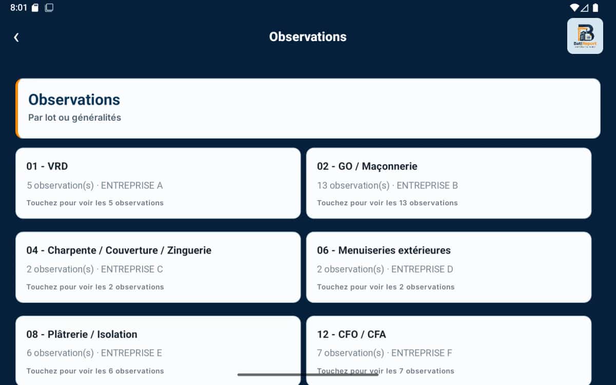 Observations de chantier classées par lot sur tablette