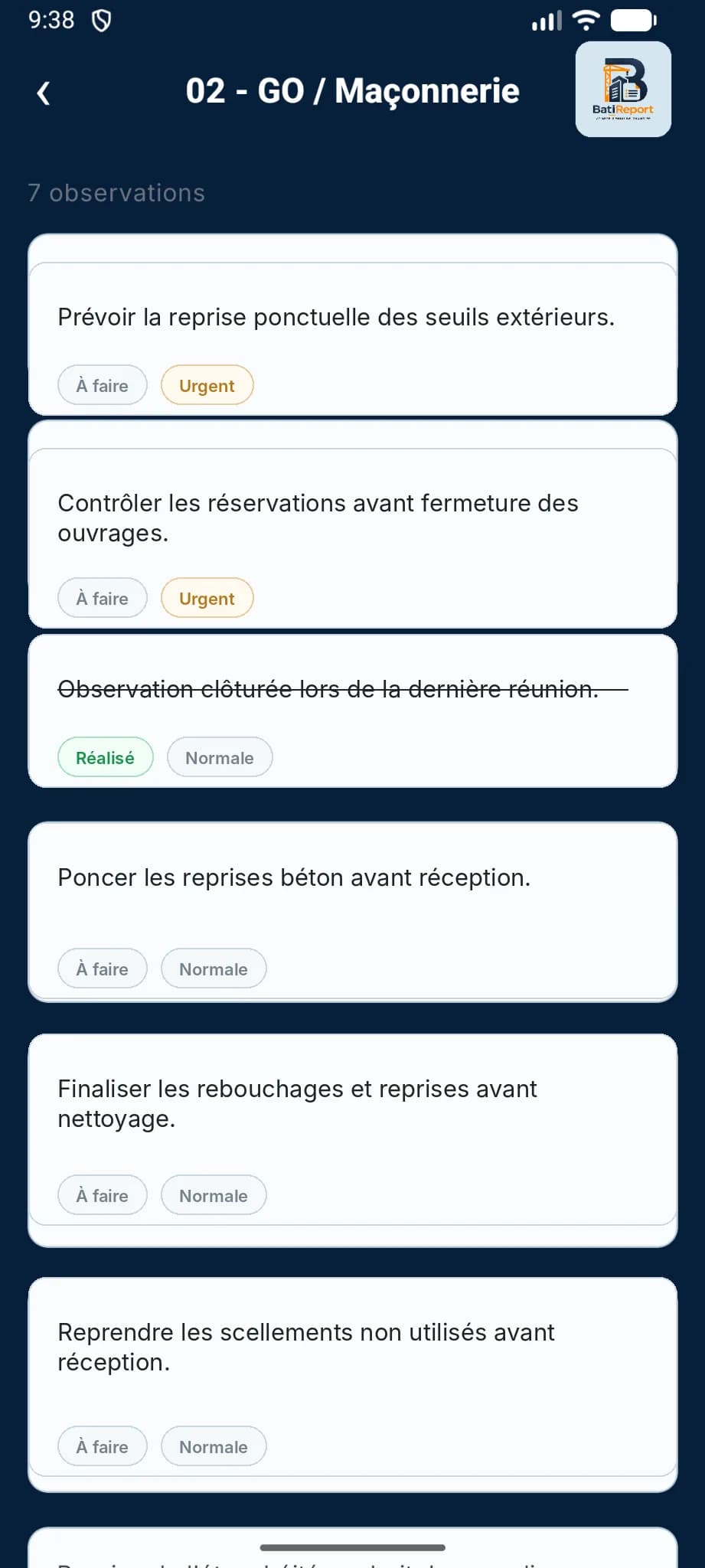 Liste des observations de chantier sur smartphone