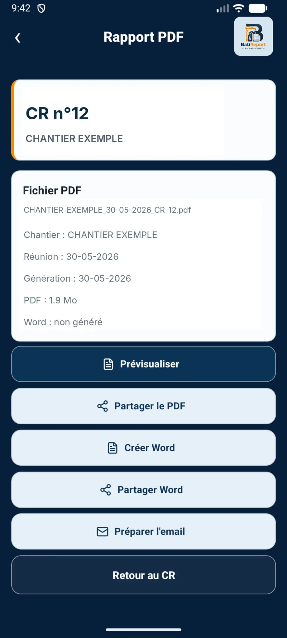 Compte rendu de chantier exporté en PDF sur smartphone