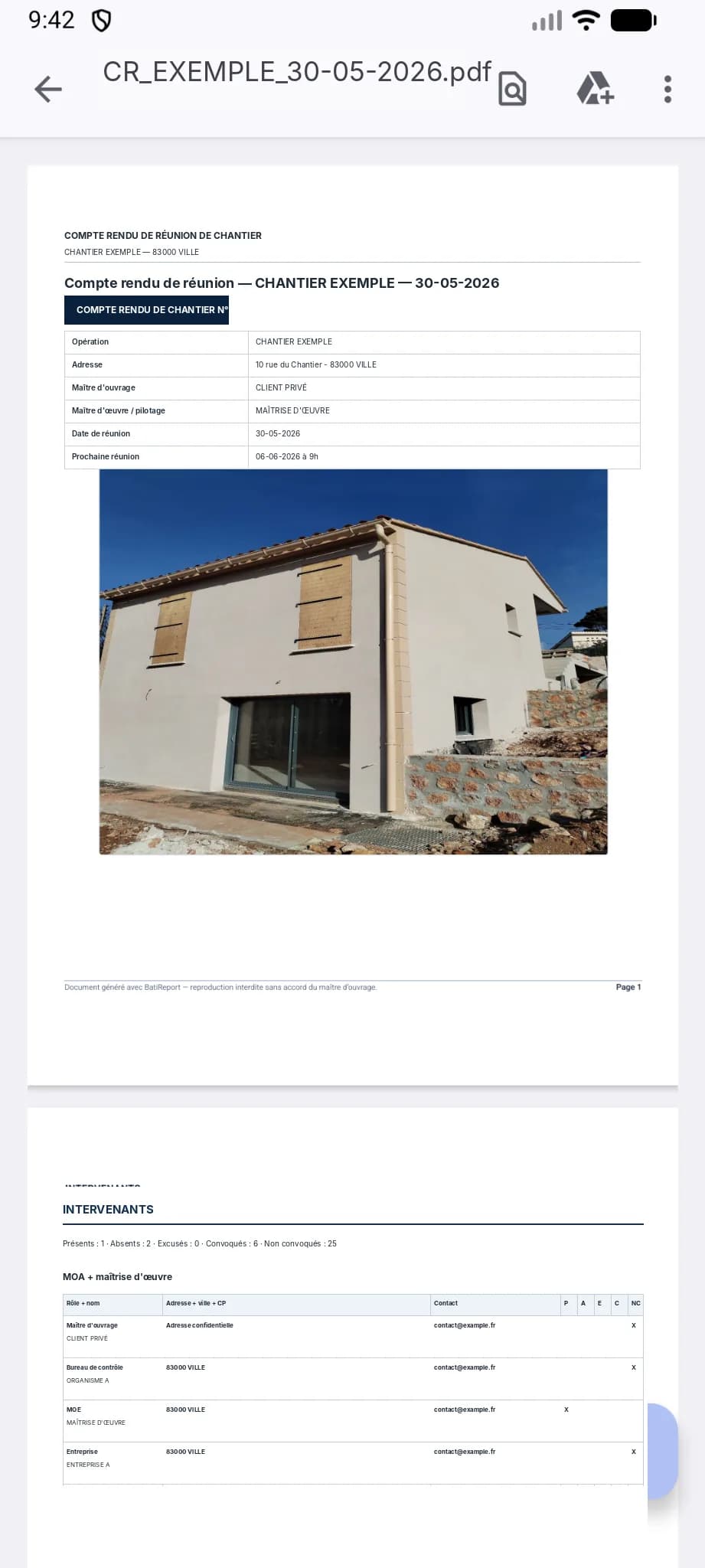 Écran de prévisualisation du PDF avant envoi par email